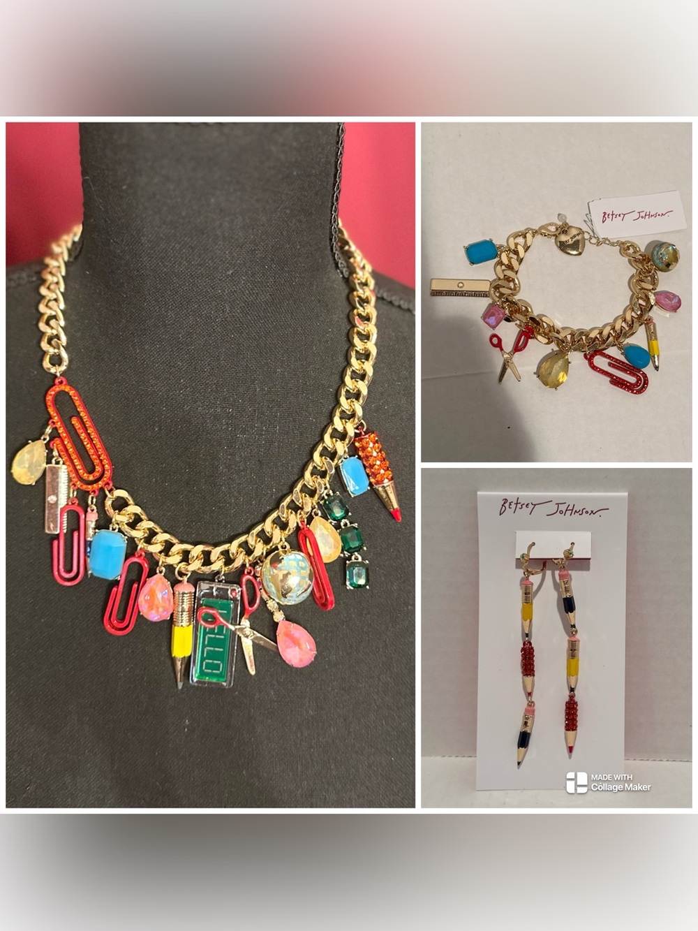 Betsey Johnson NWT School Charms Drama Necklace, Bracelet & Pencil Earrings